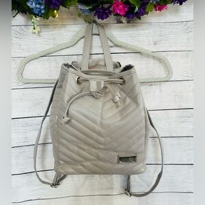 Belle Russo Women’s Gray Drawstring Quilted Logo Faux Leather Backpack NWOT
